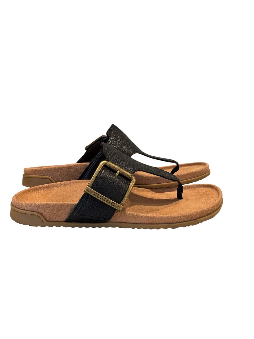 Vionic Emma Black Leather Thong Sandals US 9.5 Orthotic Comfort